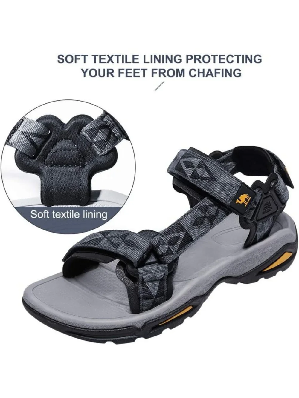 Men's Grey And Black Arch Support Open Toe Waterproof Hiking Sport Sandal Shoes